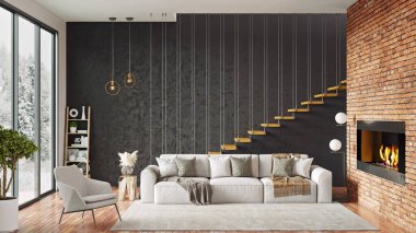 Modern bir odanın güzel iç mekanı. Parlak ve temiz tasarım. 3B görüntüleme