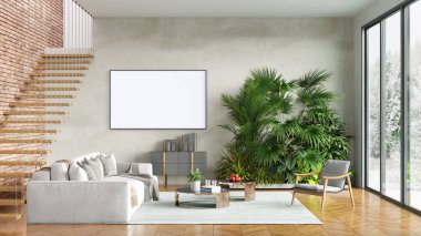 Beyaz bir tablosu olan modern, güzel bir iç mekan. Ahşap zeminleri ve aydınlık duvarları olan temiz ve hafif bir tasarım. 3d oluşturma