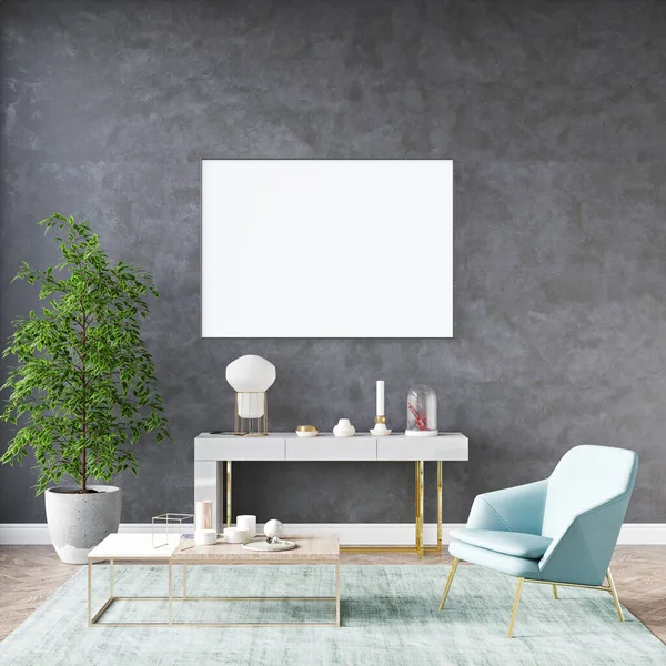 Modern interior of a room with an empty painting. Sofa and large window, wooden floor and wall. Clean lines of interior design. 3D rendering — Stock Photo, Image
