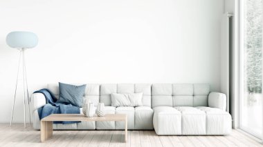 Oturma odasının modern tarzı, ahşap zeminli ve geniş pencereli bir oda. 3B görüntüleme
