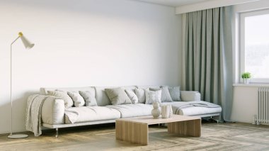 Modern bir odanın güzel iç mekanı. Parlak ve temiz tasarım. Büyük bir pencerenin yanında duran bir kanepe. 3B görüntüleme