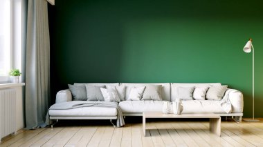 Modern bir odanın güzel iç mekanı. Parlak ve temiz tasarım. Büyük bir pencerenin yanında duran bir kanepe. 3B görüntüleme