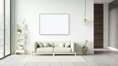 Poster çerçevesini modern iç plan, oturma odası, İskandinav tarzı, 3D görüntüleme