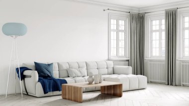 Modern bir odanın güzel iç mekanı. Parlak ve temiz tasarım. Büyük bir pencerenin yanında duran bir kanepe. 3B görüntüleme