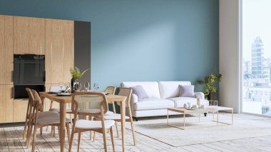 Modern stil mutfak, ahşap döşemeli oda, masa ve kanepe. 3B görüntüleme