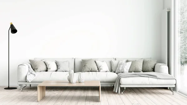 Moderno y elegante interior de la sala de estar, una habitación con suelo de madera y una gran ventana. Renderizado 3D — Foto de Stock