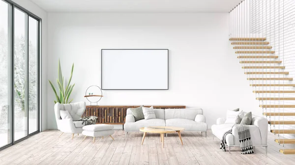白塗りのモダンな美しいインテリアルーム。木製の床と光の壁で清潔で軽量なデザイン。3Dレンダリング — ストック写真
