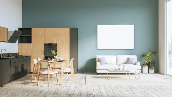 现代时尚的厨房内部,带有木制地板的房间,桌子和沙发.3D渲染 — 图库照片