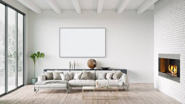 Poster çerçevesini modern iç plan, oturma odası, İskandinav tarzı, 3D görüntüleme