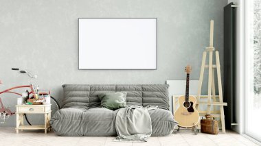 Boş bir tablosu olan modern bir oda. Kanepe, geniş pencere, ahşap zemin ve duvar. Temiz iç tasarım çizgileri. 3B görüntüleme