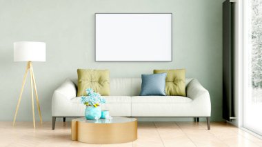 Boş bir tablosu olan modern bir oda. Kanepe, geniş pencere, ahşap zemin ve duvar. Temiz iç tasarım çizgileri. 3B görüntüleme