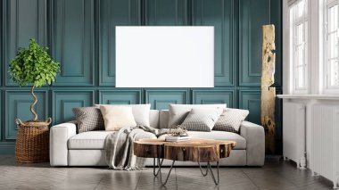 Boş bir tablosu olan modern bir oda. Kanepe, geniş pencere, ahşap zemin ve duvar. Temiz iç tasarım çizgileri. 3B görüntüleme