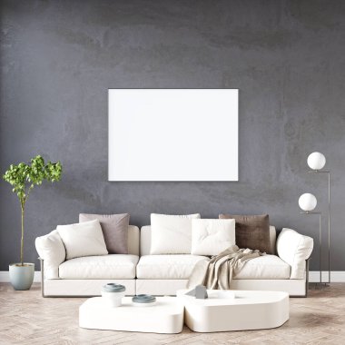 Boş bir tablosu olan modern bir oda. Kanepe, geniş pencere, ahşap zemin ve duvar. Temiz iç tasarım çizgileri. 3B görüntüleme