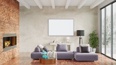 Poster çerçevesini modern iç plan, oturma odası, İskandinav tarzı, 3D görüntüleme