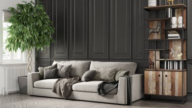 Modern bir odanın güzel iç mekanı. Parlak ve temiz tasarım. Büyük bir pencerenin yanında duran bir kanepe. 3B görüntüleme