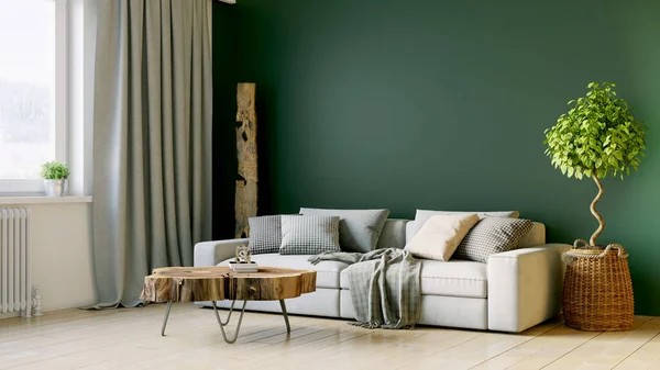 Interior yang indah dari ruangan modern. Desain yang terang dan bersih. Sebuah sofa berdiri dekat jendela besar dengan latar belakang dinding. Perender 3D — Stok Foto
