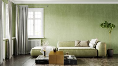 Modern bir odanın güzel iç mekanı. Parlak ve temiz tasarım. Büyük bir pencerenin yanında duran bir kanepe. 3B görüntüleme