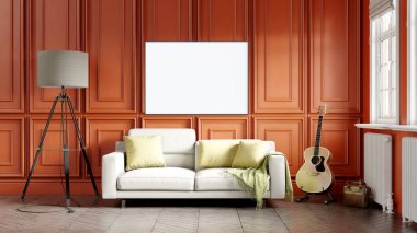 Boş bir tablosu olan modern bir oda. Kanepe, geniş pencere, ahşap zemin ve duvar. Temiz iç tasarım çizgileri. 3B görüntüleme