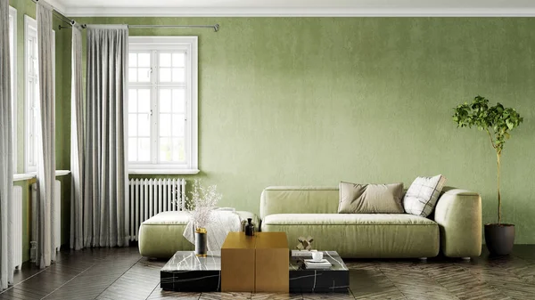 Modern bir odanın güzel iç mekanı. Parlak ve temiz tasarım. Büyük bir pencerenin yanında duran bir kanepe. 3B görüntüleme