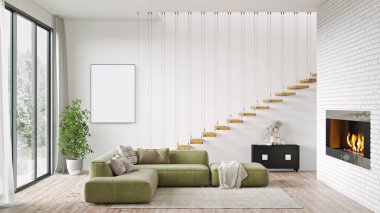 Poster çerçevesini modern iç plan, oturma odası, İskandinav tarzı, 3D görüntüleme