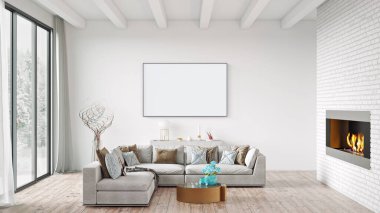 Poster çerçevesini modern iç plan, oturma odası, İskandinav tarzı, 3D görüntüleme