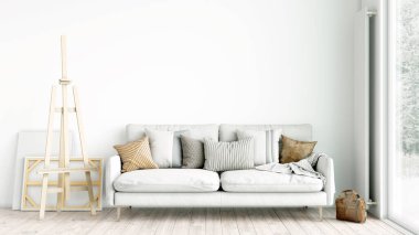 Oturma odasının modern tarzı, ahşap zeminli ve geniş pencereli bir oda. 3B görüntüleme