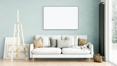 Boş bir tablosu olan modern bir oda. Kanepe, geniş pencere, ahşap zemin ve duvar. Temiz iç tasarım çizgileri. 3B görüntüleme