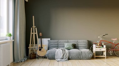 Modern bir odanın güzel iç mekanı. Parlak ve temiz tasarım. Büyük bir pencerenin yanında duran bir kanepe. 3B görüntüleme