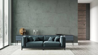 Modern bir odanın güzel iç mekanı. Parlak ve temiz tasarım. 3B görüntüleme