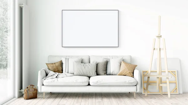 Modern inredning i ett rum med en tom målning. Soffa och stort fönster, trägolv och vägg. Rena linjer i inredningen. 3D-rendering — Stockfoto
