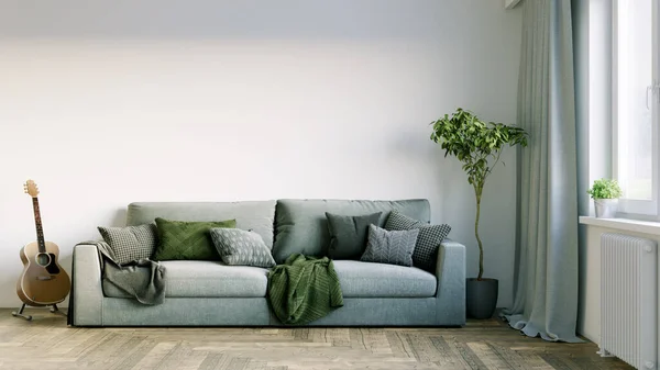 Vacker interiör i ett modernt rum. Ljus och ren design. En soffa som står vid ett stort fönster mot en vägg bakgrund. 3D-rendering — Stockfoto