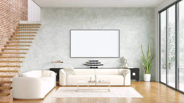 Moderna habitación interior hermosa con una pintura blanca. Diseño limpio y ligero con suelos de madera y paredes ligeras. renderizado 3d — Foto de Stock
