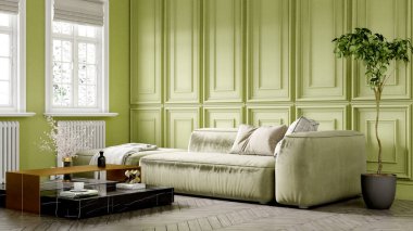 Modern bir odanın güzel iç mekanı. Parlak ve temiz tasarım. Büyük bir pencerenin yanında duran bir kanepe. 3B görüntüleme