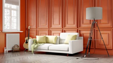 Modern bir odanın güzel iç mekanı. Parlak ve temiz tasarım. Büyük bir pencerenin yanında duran bir kanepe. 3B görüntüleme