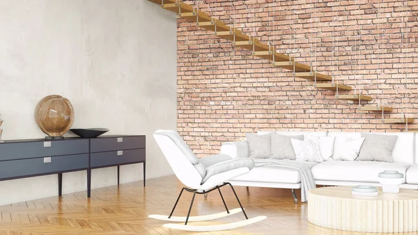 Moderno interior elegante da sala de estar, um quarto com uma escadaria, piso de madeira e uma grande janela. Renderização 3D — Fotografia de Stock