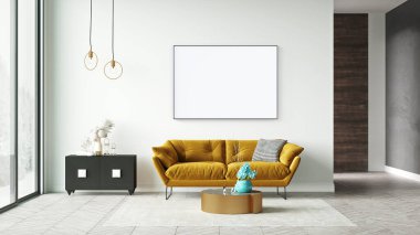 Poster çerçevesini modern iç plan, oturma odası, İskandinav tarzı, 3D görüntüleme