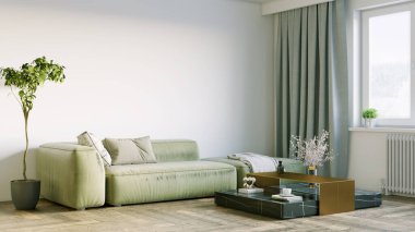 Modern bir odanın güzel iç mekanı. Parlak ve temiz tasarım. Büyük bir pencerenin yanında duran bir kanepe. 3B görüntüleme