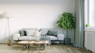 Modern bir odanın güzel iç mekanı. Parlak ve temiz tasarım. Büyük bir pencerenin yanında duran bir kanepe. 3B görüntüleme