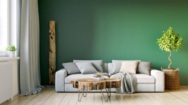 Modern bir odanın güzel iç mekanı. Parlak ve temiz tasarım. Büyük bir pencerenin yanında duran bir kanepe. 3B görüntüleme