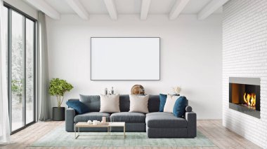 Poster çerçevesini modern iç plan, oturma odası, İskandinav tarzı, 3D görüntüleme