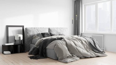 Işık duvarları, geniş pencereleri ve şık mobilyaları olan modern, güzel bir oda. İskandinav tarzında parlak bir tasarım. 3B görüntüleme