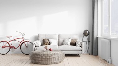 Işık duvarları, geniş pencereleri ve şık mobilyaları olan modern, güzel bir oda. İskandinav tarzında parlak bir tasarım. 3B görüntüleme