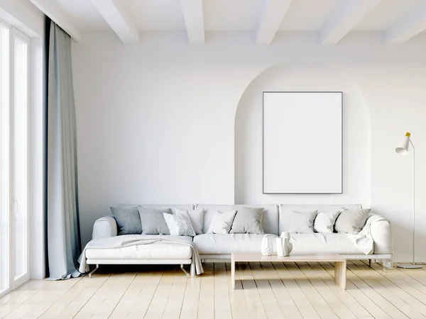 Moderno bellissimo interno della camera con pareti luminose, ampie finestre e mobili eleganti. Luminoso design in stile scandinavo. Rendering 3D — Foto Stock