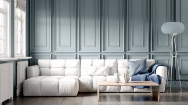 Modern bir odanın güzel iç mekanı. Parlak ve temiz tasarım. Büyük bir pencerenin yanında duran bir kanepe. 3B görüntüleme