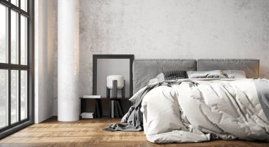 Sütunları, beyaz duvarları, geniş pencereleri, yüksek tavanı ve şık mobilyaları olan modern, güzel bir iç mekan. Parlak çatı katı tasarımı. 3B görüntüleme