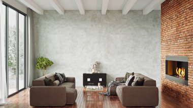 Modern bir odanın güzel iç mekanı. Parlak ve temiz tasarım. 3B görüntüleme