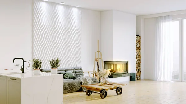 밝은 벽, 큰 창문, 세련 된 가구가 있는 방의 현대적 인 아름다운 내부. 스칸디나비아 스타일의 밝은 디자인. 3D 렌더링 — 스톡 사진