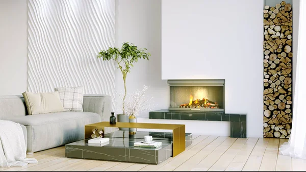Modern Beautiful Interior Room Light Walls Large Windows Stylish Furniture — Stock Photo, Image