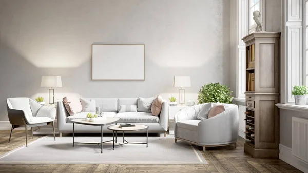 Moderno hermoso interior de la habitación con paredes blancas, grandes ventanales y muebles elegantes. Diseño brillante y elegante. Renderizado 3D —  Fotos de Stock