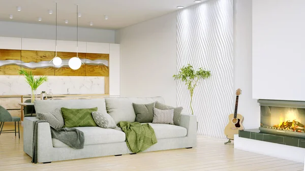 明るい壁、大きな窓、スタイリッシュな家具を備えた部屋のモダンな美しいインテリア。北欧風の明るいデザイン。3Dレンダリング — ストック写真